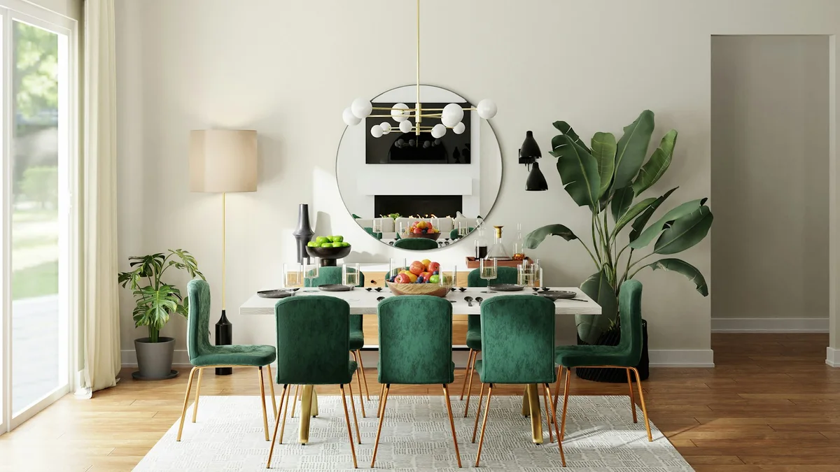 Dining table and upholstered chairs with room to move around them