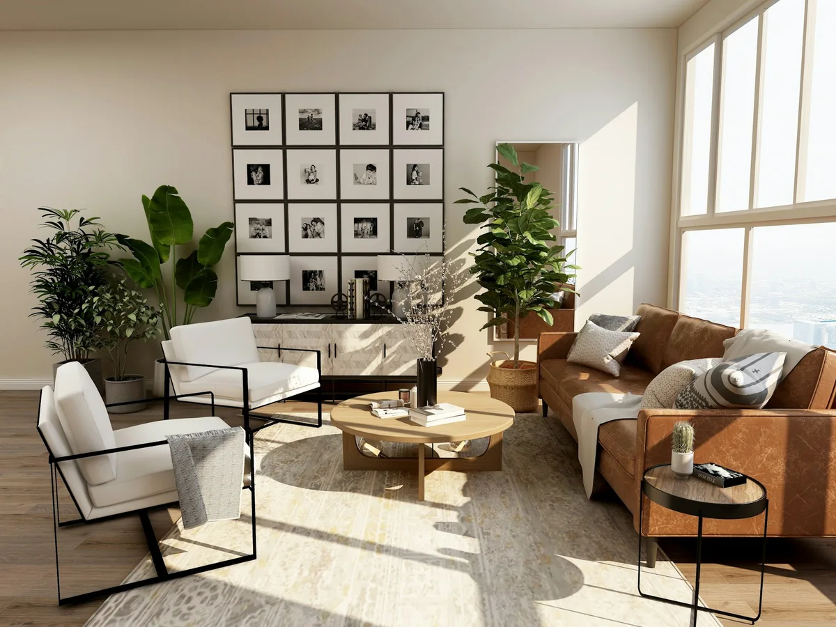 A sunlit living room with a leather armchair, timber furniture and a gallery wall